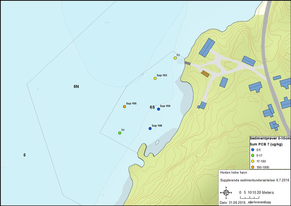Figur 11: Sedimentprøvepunkt med sum PCB7 konsentrasjoner ved Mellomøya (etter veileder TA-2229/2007). Ved Mellomøya var sedimentene mørke, leirholdige, med noe lukt av H 2 S.