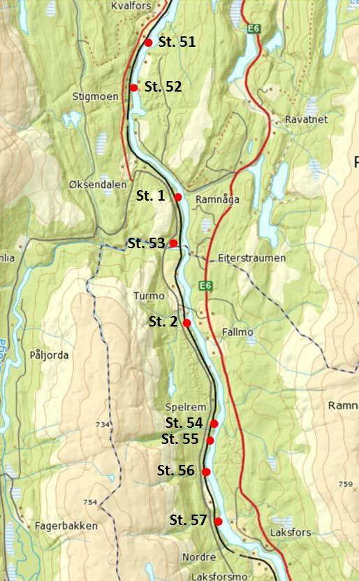 Figur 4. Oversikt over plasseringen av de ni ungfiskstasjonene som ble undersøkt i Vefsna i 2014 og 2015.