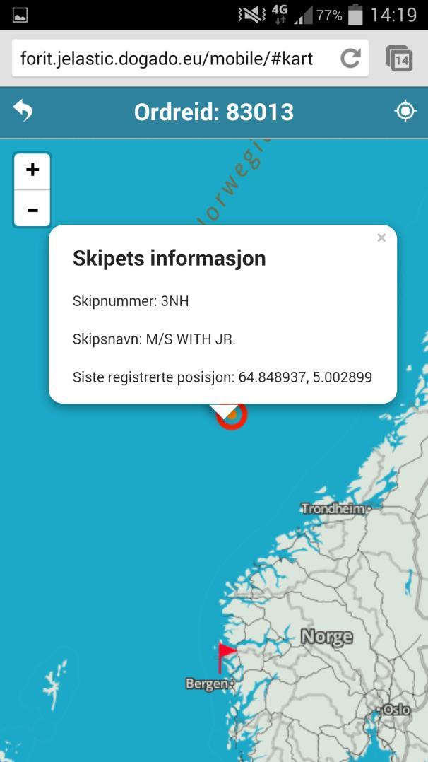 Produktdokumentasjon Figur 1.5 Kart. Rød pil viser knappen som tar deg med tilbake til start om du har gått deg vill. Figur 1.6 Popupvinduet som dukker opp hvis en markør trykkes på. 1.1.5 Meny Øverst i venstre hjørne i hjemskjermen er det en menyknapp.