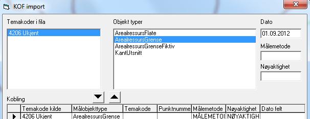 4. Lag kobling mellom KOF-data og ArealressursGrense i AR5-basen. Merk 4206 Ukjent til venstre og ArealressursGrense til høyre. Lag kobling ved å trykke på knapp. Legg inn Dato lik 01.09.