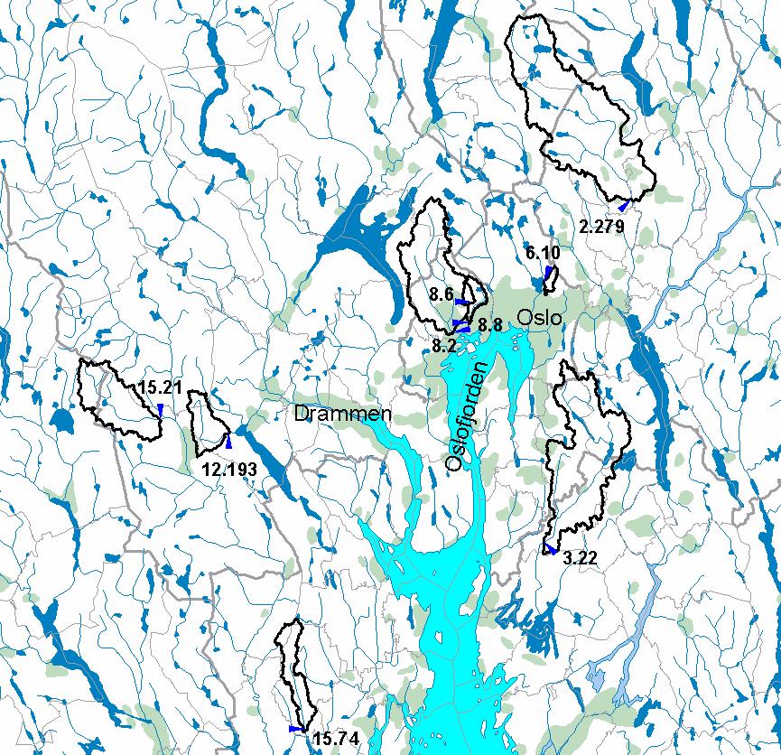 Figur 5. Geografisk plassering av stasjoner brukt i analysen. Målestasjonen 6.10 Gryta ligger i Maridalen i Oslo. Nedbørfeltet til Gryta er kun 7.0 km 2, og effektiv sjøprosent er lav med 0.5 %.