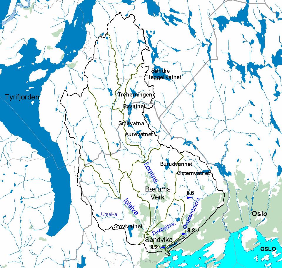 Figur 1. Kart over vassdrag 008.Z Sandvikselva. Normalavløpet for hele vassdraget er beregnet fra NVEs avrenningskart (Beldring et al.