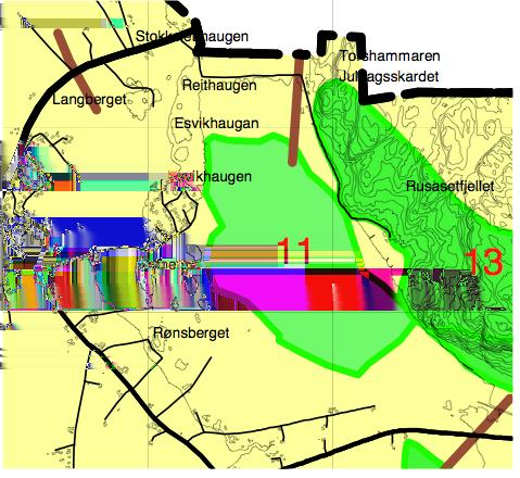 Fig Utsnitt av Viltplanen. Brune linjer angir viktige hjorteviltrekk. Grønne felt angir områder som er spesielt beskrevet i viltplanen. Planområdet er angitt som Esvikhaugan.