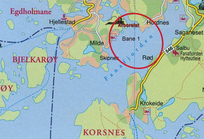 8. BANEOMRÅDE Klassene på BANE 1 seiler på bane i indre Fanafjorden i farvannet mellom Milde, Hordnes og Rød. 8.1 Kart over baneområdet: Kartet viser baneområdet hvor Bane 1 vil bli lagt.