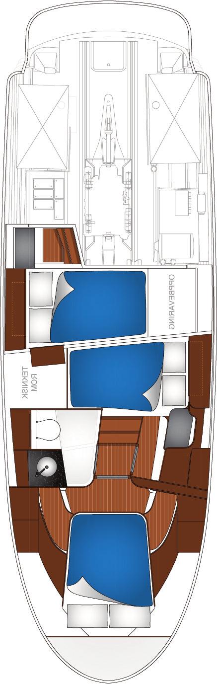 utrustet, Lettskip... 2,95 m Broklaring m/mast, std. utrustet, Lettskip... 3,90 m Tankkapasitet diesel.............. 470+500 liter Tankkapasitet kaldtvann............... 400 liter Tankkapasitet varmtvann.