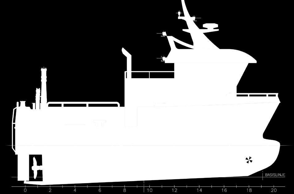 00 m Dybde i riss: 2,0 m Kapasiteter: Brennoljetanker: 2000 ltr Hastighet i ulastet tilstand: Ca 12 knop v/25% fylling ved 100% MCR Annet: Tverrskips rammespant c/c = 1000 mm Langsskips stringers c/c