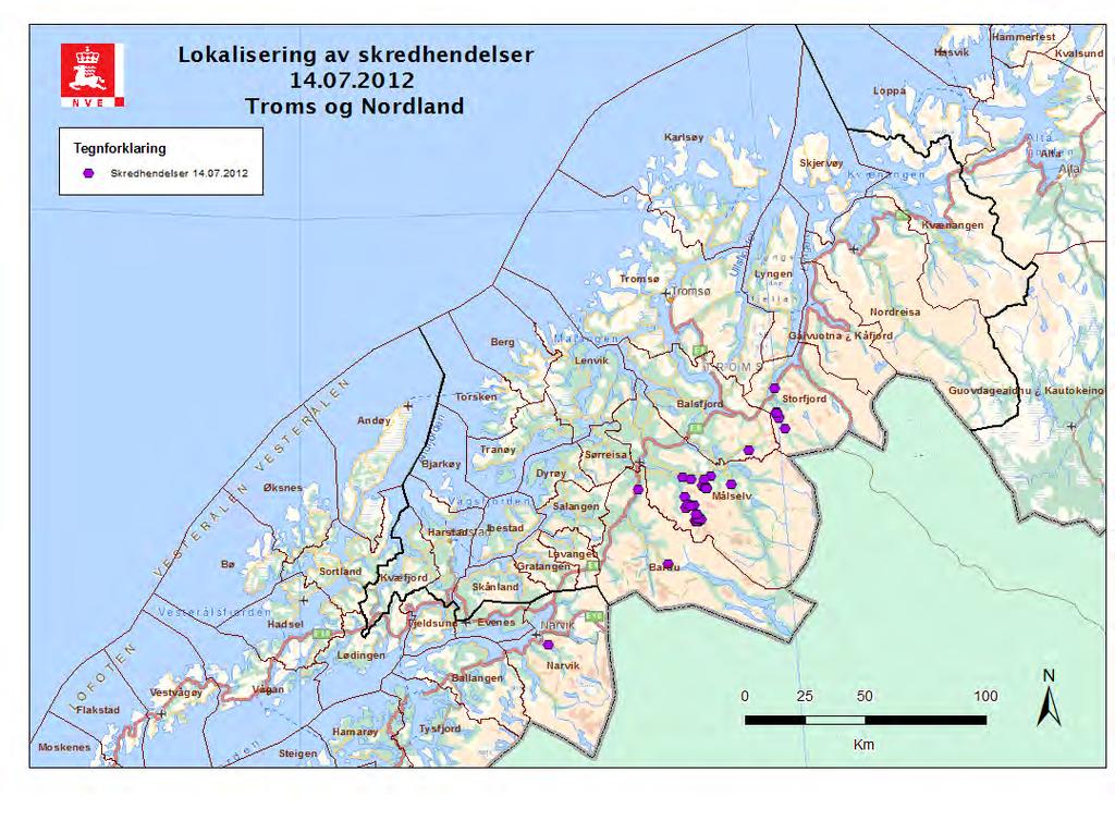 4 Beskrivelse av skredhendelser Informasjonen om jordskredhendelsene ble samlet av NVEs Region Nord og Seksjon for varsling av flom og jordskredfare (HF) etter befaring, informasjon i media og