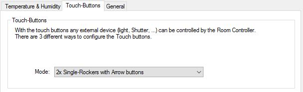 Touchknappene. Innstillingsvalgene for Touchknappene: Her kan du endre modus derved måten touchknappene blir anvendt på Room Controller Touch.