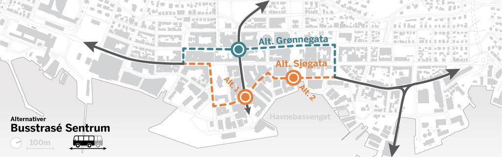 Figur 4. Alternative hovedtraseer for buss i Sentrum, under utredning (Tromsø Kommune). Alle holdeplasser skal etableres med høy standard, og det skal legges vekt på god informasjon til reisende.