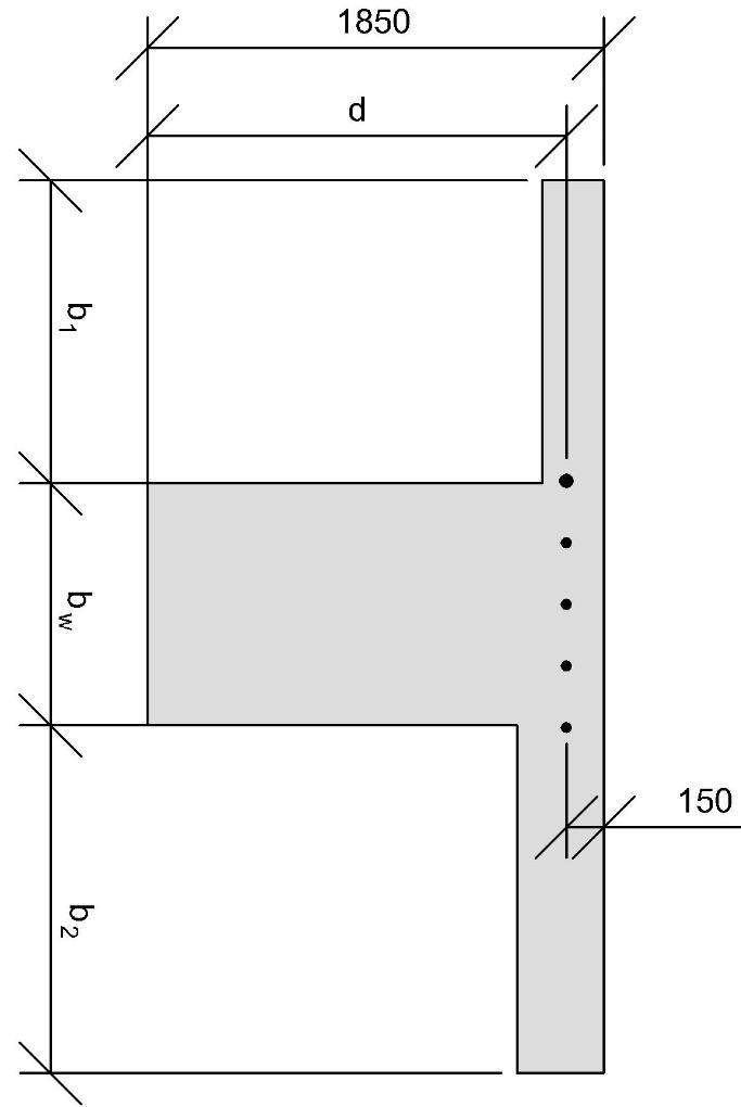 8. Dimensjonering i brotgrensetilstanden l 0 = 0,15(l 1 + l 2 ) = 0,15(35 000 + 29 000) = 9 600 mm b eff,1 = 0,2b 1 + 0,1l 0 = 1 237 mm b eff,2 = 0,2b 2 + 0,1l 0 = 1 412 mm b eff = 1 237 + 1 412 +