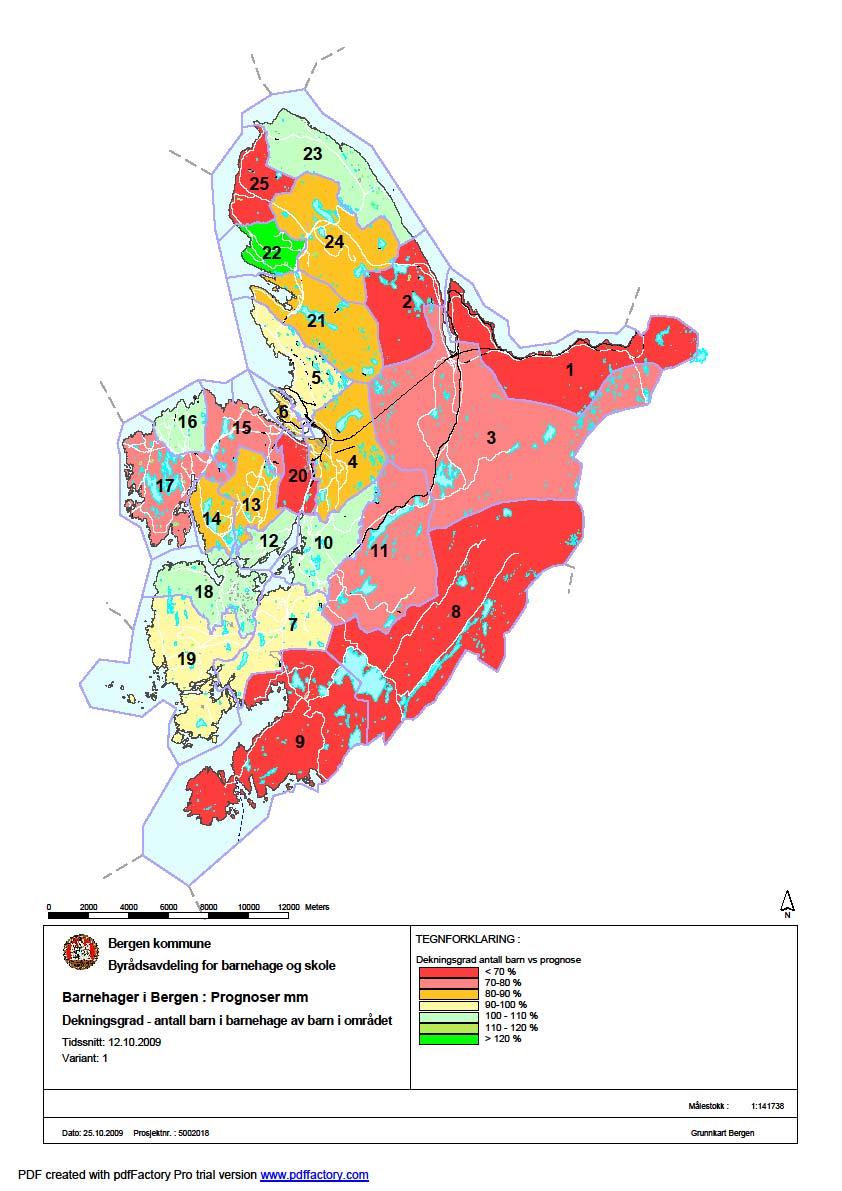 1.4 Kapasitetsutnyttelse Neste kart viser kapasiteten i det enkelte barnehageområde i Bergen. Kapasiteten er beregnet ut fra utnyttelsen av godkjent leke- og oppholdsareal.