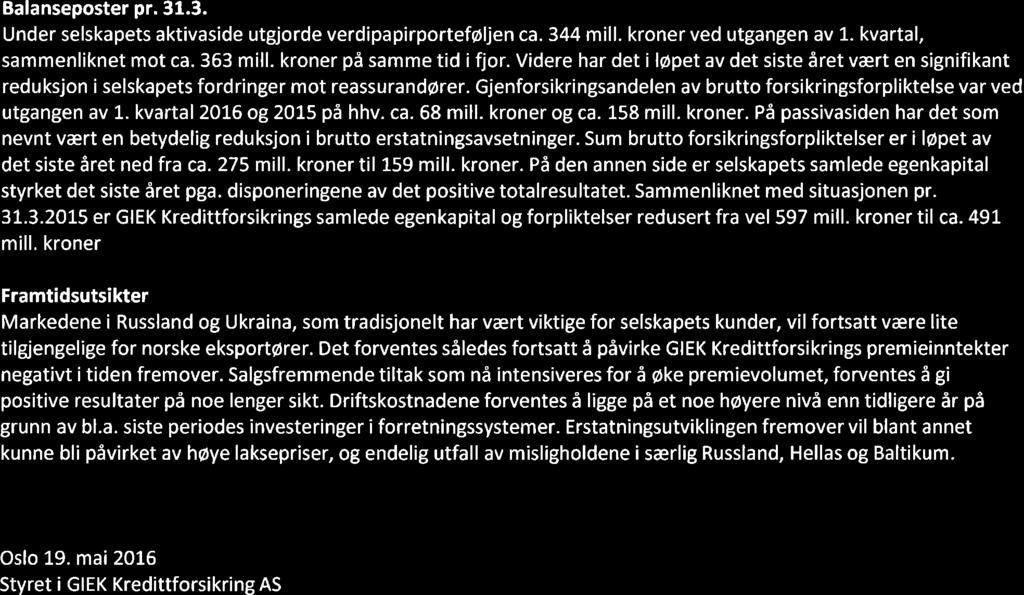 Balanseposter pr. 31.3. Under selskapets aktivaside utgjorde verdipapirporteføljen ca.344 mill. kroner ved utgangen av 1. kvartal, sammenliknet mot ca. 363 mill. kroner på samme tid i fjor.