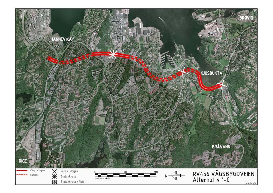 KAPITTEL 3 BESKRIVELSE AV ALTERNATIV 3.3.2 Alternativ 1-C Alternativ 1-C starter ved det søndre påhugget av Hanneviktunnelen og går i tunnel gjennom Kartheia og Nedre Slettheia.