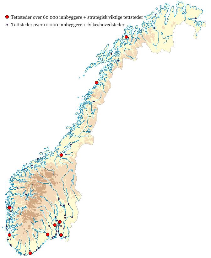 Figur 8 viser den geografiske plasseringen av tettsteder med over 10 000 innbyggere samt fylkeshovedsteder, og tettsteder med over 60 000 innbyggere samt strategisk viktige tettsteder.