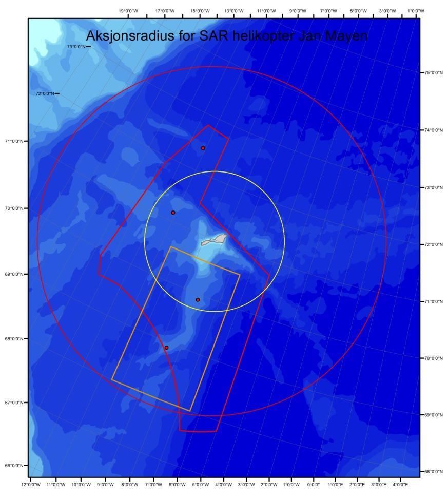 Figur 7. Aksjonsradius for SAR helikopter plassert på Jan Mayen. Rød sirkel redning av 3 hardt skadde. Gul sirkel redning av 21 personer innen 120 minutter.