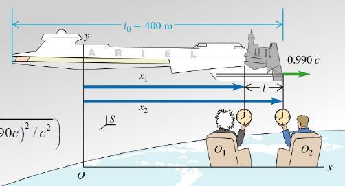 http://pingo.pb.de/ aess nmber:78 To observatører O og O sitter i avstand 56.4 m på jorden. Hvilken avstand vil mannskapet måle fra et romskip som beveger seg med v = 0.99 relativ til jorden? A. 7.