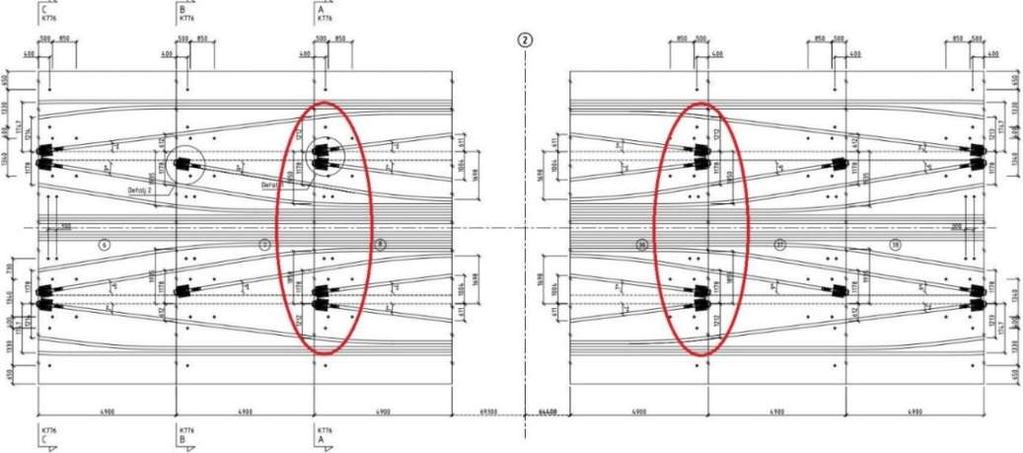 Analyse Dolmsundbrua Figur 9-24: Plan broplate (utklipp fra tegninger fra SVV) Spennkabelforankringene ringet inn i rødt til venstre for akse 2 i Figur 9-24 vil bli vurdert.