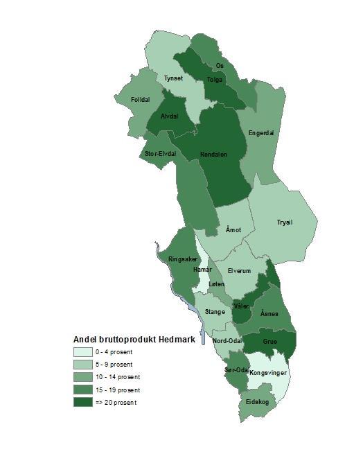 Figur 60 Andel verdiskaping fra primærnæring og landbruksbasert industri samlet av kommunenes estimerte verdiskaping målt som bruttoprodukt (%). 2014. 6.2 Landbrukets og landbruksbasert industris verdiskaping i nasjonalregnskapet 6.