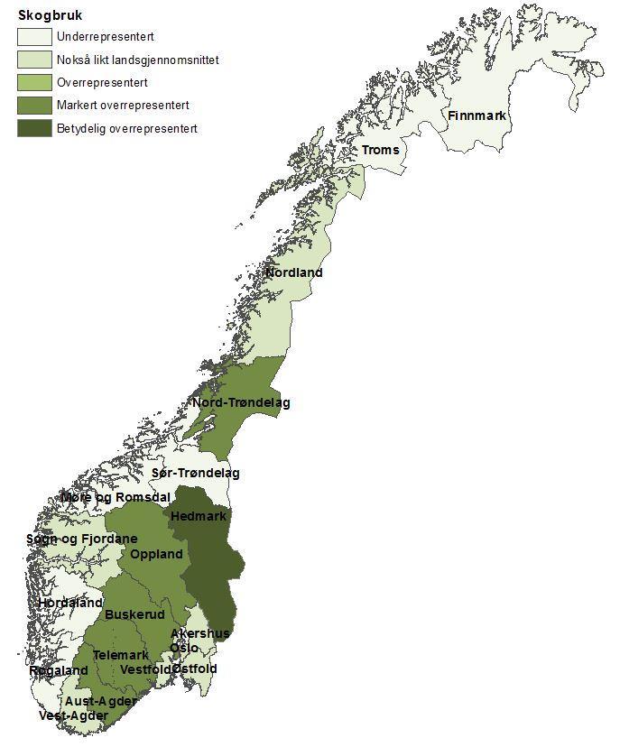 Figur 45 Kart: Skogbrukets betydning pr. fylke sammenlignet med landsgjennomsnittet. 2014.