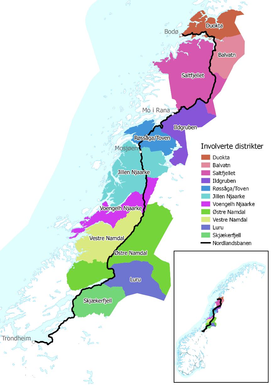 ulike distrikter og fører til relativt store forskjeller i bestandstetthet, slakteuttak og slaktevekter mellom reindriftsområder (Fauchald mfl. 2004). Figur 1.2. Distrikter som inngår i prosjektet.