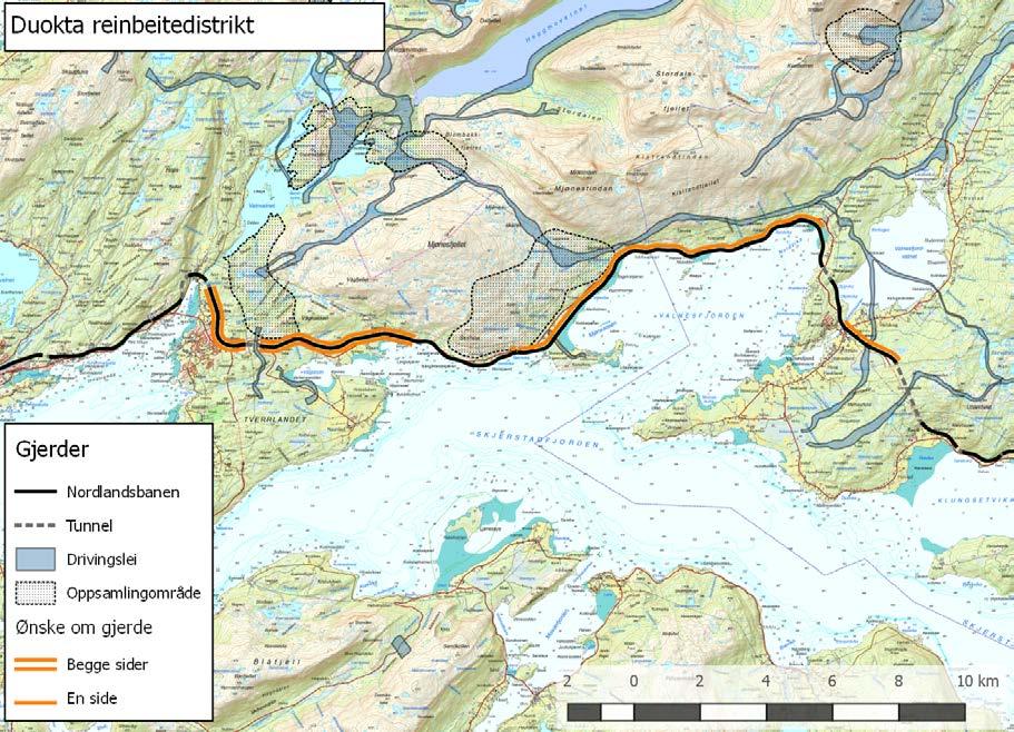9.1.1.1 Ønskede tiltak Inngjerding av både RV 80 og jernbanen (684-685 km fra Trondheim) på strekningen fra nordsiden av tunnel (Røvik-Straumsnes) og til reinflytterbrua på Straumsnes.