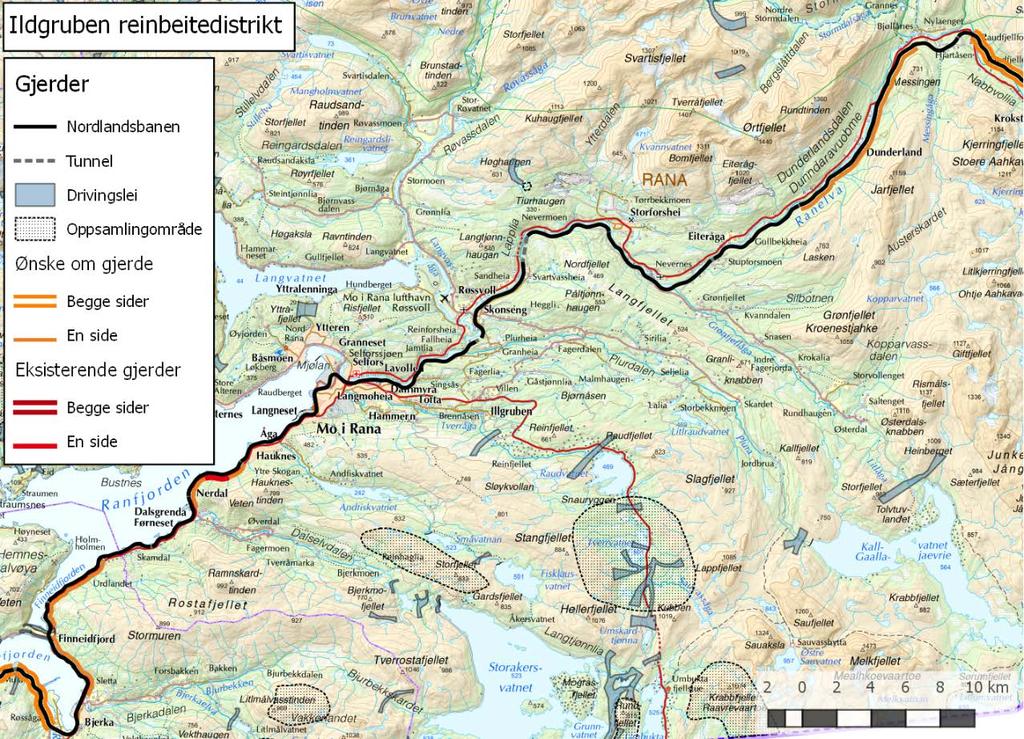 Gjerde fra Dalselv-Skjånes-Bjørnbærvika/Hauknes. Her er det etablert et gjerde som delvis er falt ned og som fungerer mer som en felle enn et hinder for reinen i å komme på jernbanelinja.