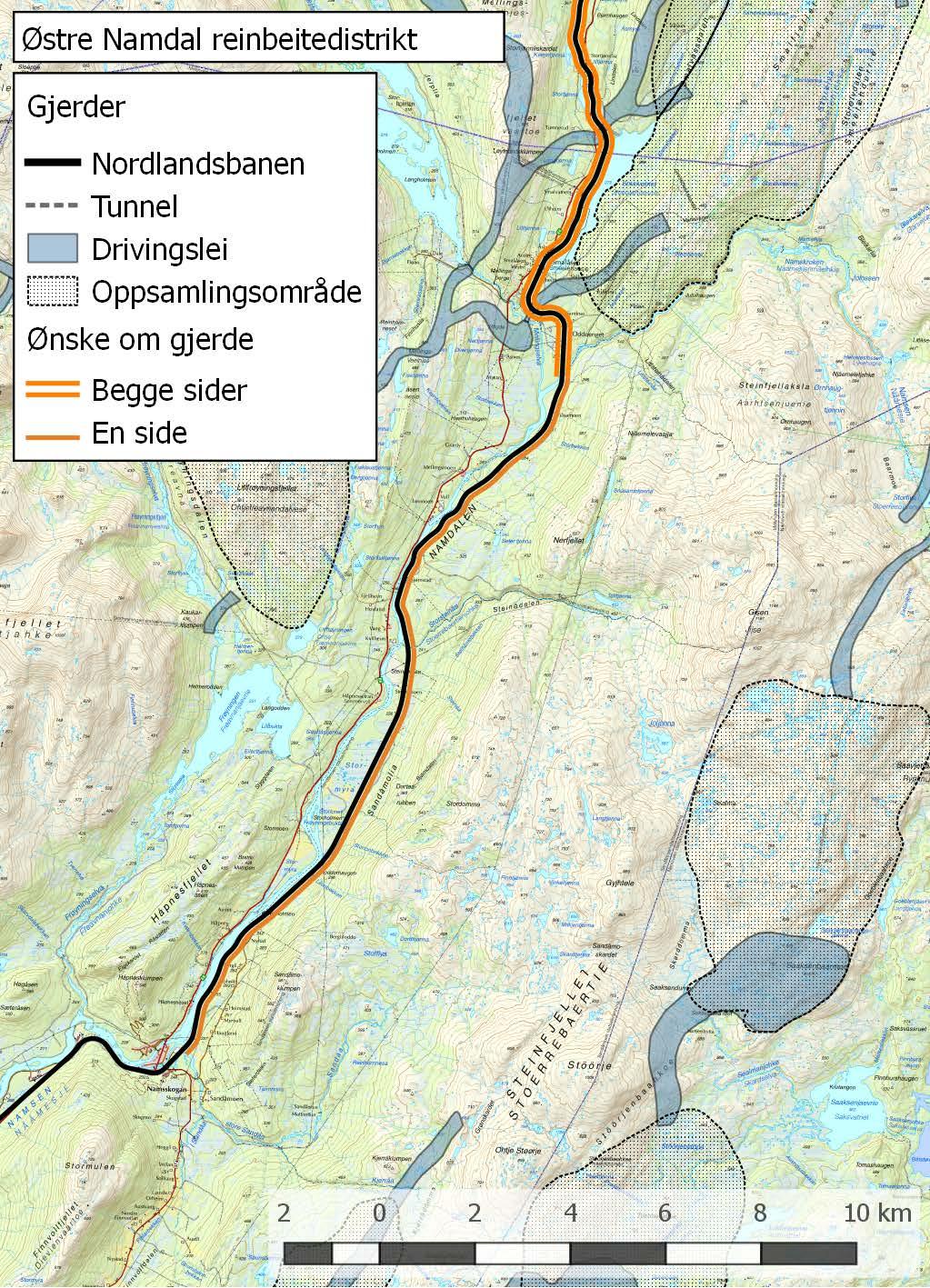 9.1.8.1 Ønskede tiltak Gjerde (160 cm høyde) på østsiden av jernbanen på strekningen Smalåsen Namsenbrua Namsskogan. Skuterbru over Namsen, eks.