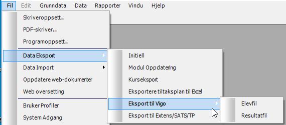 Eksport alternativer Rapportering til Vigo fra Vigo Voksen er delt i to eksportfiler Resultatfil og Elevfil. Resultatfil har i år (2016) 1.