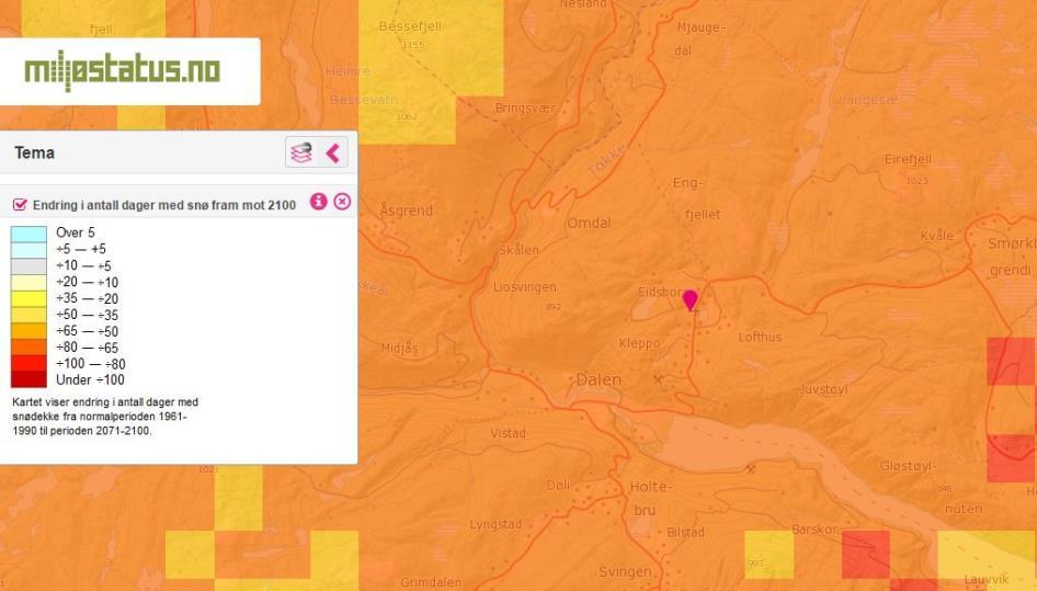 Kartet viser endring i antall dager med snø frem