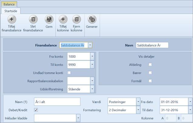 Balanse for året Hvis du har tatt utgangspunkt i et standardregnskap, har du en balanse: Saldobalanse År: Hvis du ikke har en Saldobalanse År, kan du designe en ny eller