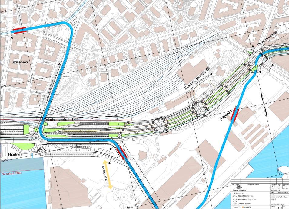 Filipstad Figur 11: Oversiktstegning ny trikketrasé T6 Det pågår et reguleringsplanarbeid der forlengelse av Operatunnelen, omlegging av Ring 1, og