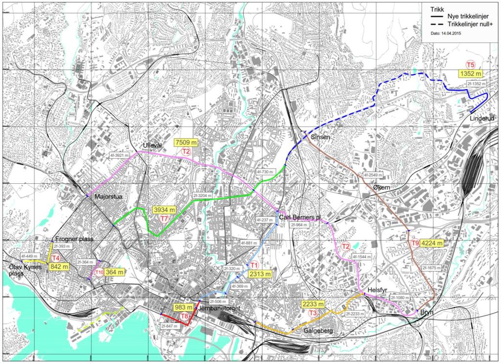 Side 6 Figur 5: Oversiktstegning nye trikketraseer T1 ny parallell trasé mellom Jernbanetorget og Carl Berners plass Dette er en parallell trasé til eksisterende linje i Trondheimsveien for å øke