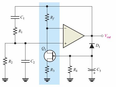 Wien-brigde oscillator (forts) Variabel motstand kan implementeres med en JFET, hor gatespenningen reguleres a Vout Når amplituden på utgangen stiger il JFET en begynne å lede og