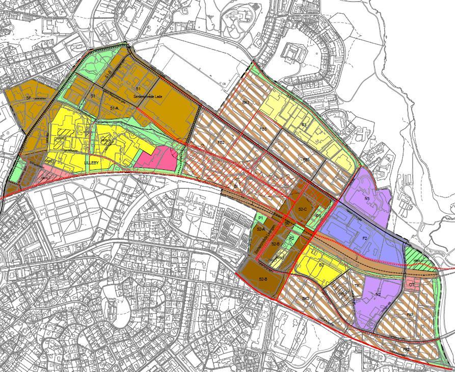 Plankart for kommunedelplan for Lade Leangen, ikke endelig vedtatt. Felt BI markert med blå sirkel, Lade idrettspark med rød sirkel.