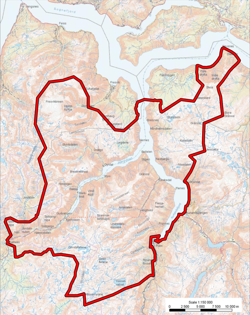 Figur 1: Nærøyfjorden verdensarvområde, med Sognefjorden øverst i bildet. Bearbeidet etter UNESCO (u.å.-e).