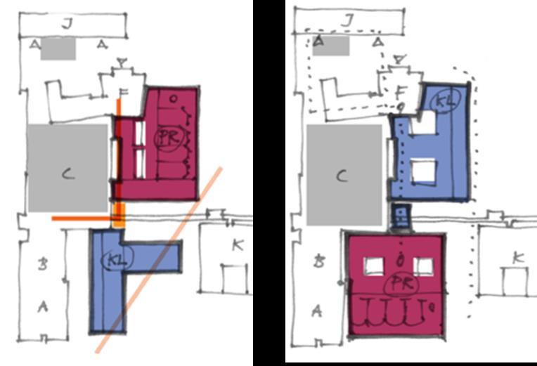 PROSJEKTMANDAT 6 av 12 Figur 1 Illustrasjon av alt. 1 og 2 I figur 1 er nytt klinikkbygg illustrert med blå farge og et eventuelt protonbygg illustrert med rød farge.