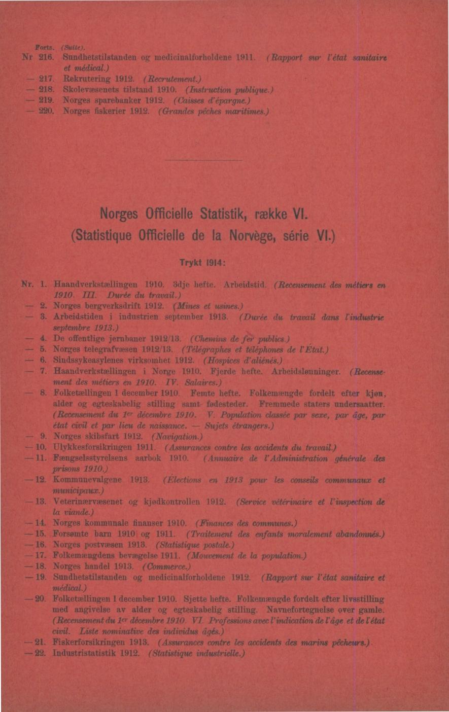 Forts. (state). Nr 216. Sundhetstilatanden og medicinalforholdene 1911. (Rapport sur l'état sanitaire et médical.) - 217. Rekrutering 1912. (Recrutement.) - 218. Skolevæsenets tilstand 1910.