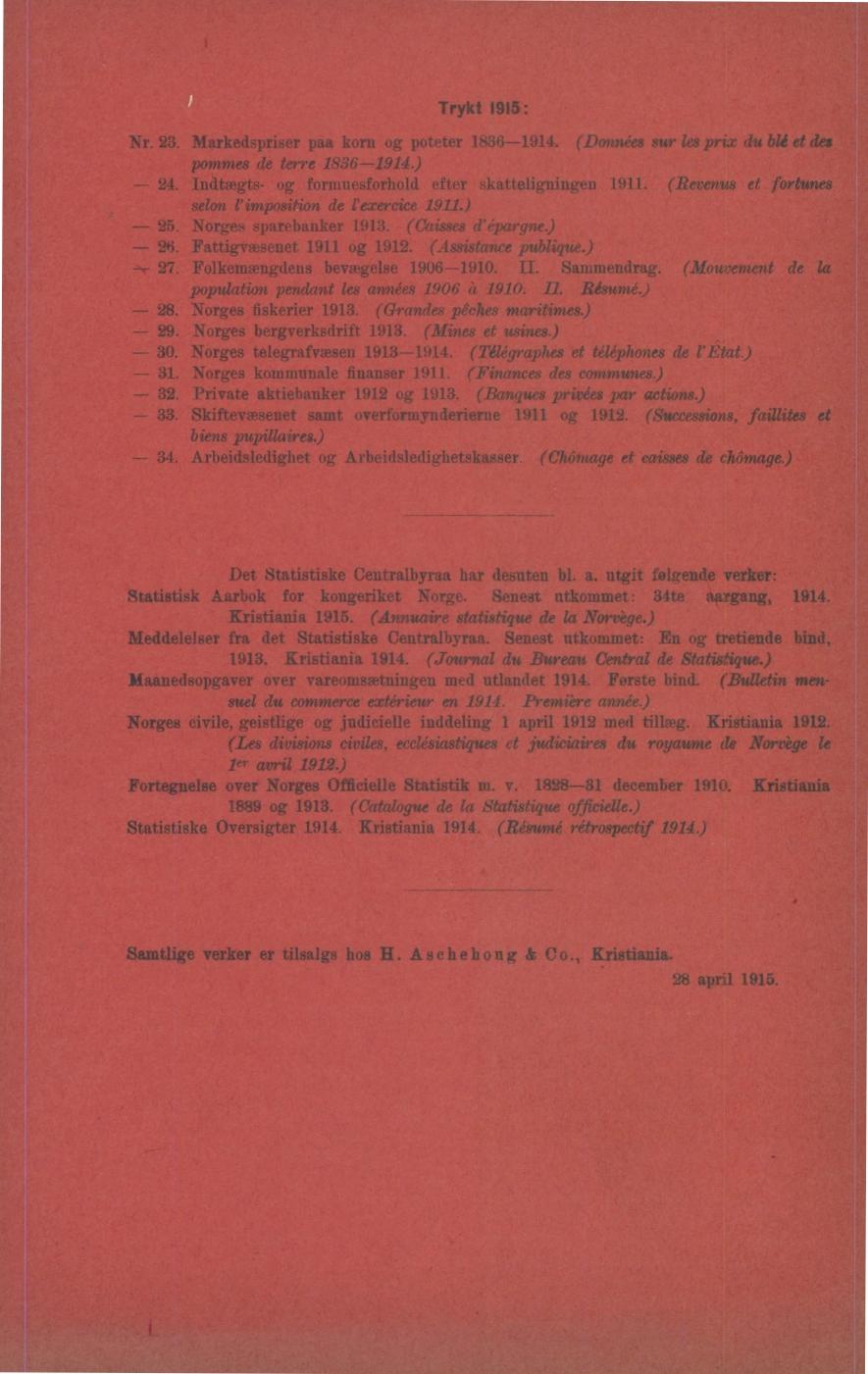 Trykt 1915: Nr. 23. Markedspriser paa korn og poteter 1836-1914. (Données sur les prix du bli et des pommes de terre 1836-1914.) - 24. Indtægts- og formuesforhold efter skatteligningen 1911.