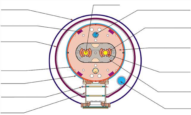 FYSIKK TVERRSNITT AV LHC DIPOL VAKUUMTANK STRÅLERØR RØRSLYNGE TIL VARMEVEKSLER SUPERLEDENDE STRØMSKINNE SUPERLEDENDE SPOLE TERMISK SKJOLD LAMINERT JERNKJERNE KRYMPENDE SYLINDER STRÅLESKJERM