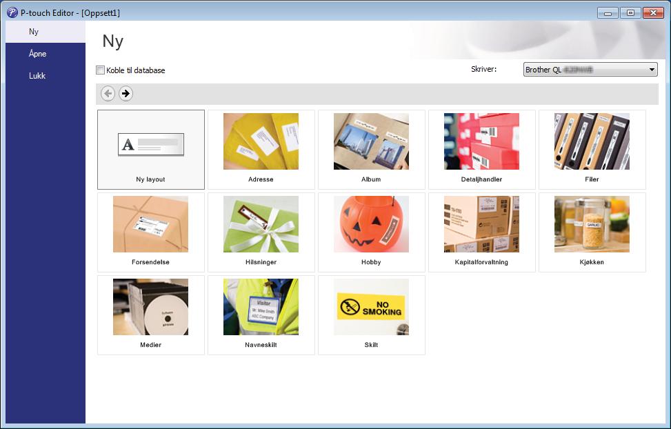 Hvordan bruke P-touch Editor c Velg ett av alternativene som vises: 4 3 1 2 1 For å opprette en ny layout, må du dobbeltklikke [Ny layout] eller klikke [Ny layout] og så klikke [ ].