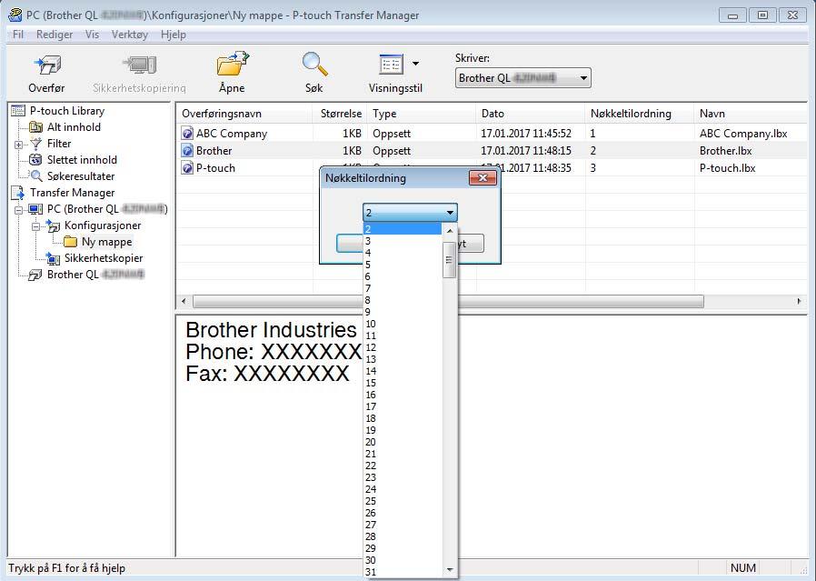 Slik bruker du P-touch Transfer Manager og P-touch Library (bare Windows ) e Hvis du vil endre nøkkelnummeret som er tilordnet et element, høyreklikker du på elementet, velger [Nøkkeltilordning], og