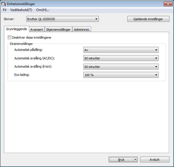 Endre innstillinger for etikettskriveren Enhetsinnstillinger for Windows 4 Bruk [Enhetsinnstillinger] i Verktøy for skriverinnstillinger for å spesifisere eller endre skriverinnstillingene når du