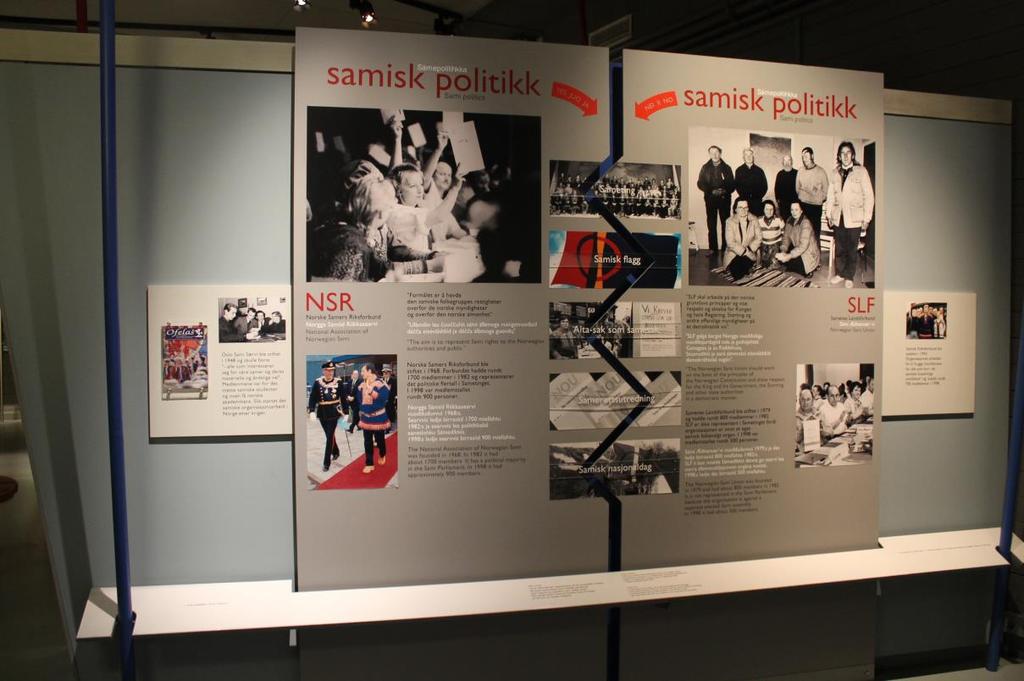 Figur 17: Tromsø museum, Sápmi.. Samisk politikk Veggen med tittelen «Samer tier ikke lenger» handler om ČSV og kulturell og politisk revitalisering 239.