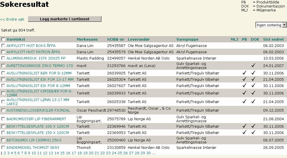 6.3 Sorteringsmuligheter av søkeresultatet Ved resultat av et varesøk