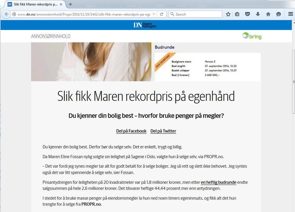 no og at det er Bring som betaler for «reklamesaken» (figur 2-15). Leseren forblir på Dagens Næringslivs nettdomene (dn.no).