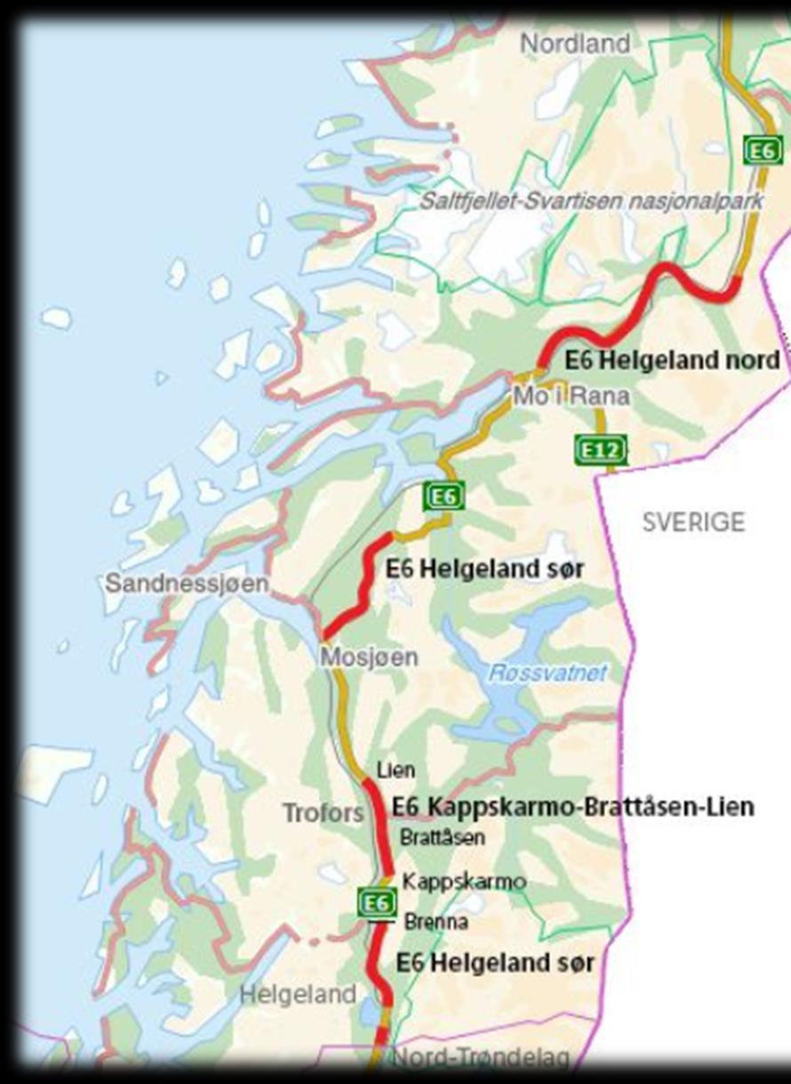 E6 Helgeland E6 Helgeland består av tre delprosjekter: 62 km Helgeland nord: Korgen-Bolna Vegutviklingskontrakt 22 km Kapskarmo-Brattåsen-Lien (Ikke startet) 58 km Helgeland sør: NT-grense-Korgen