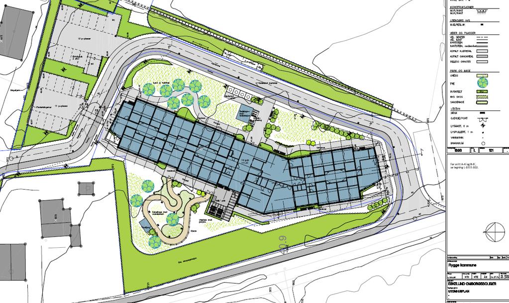 Side 9 4. Prosjekt Vi viser til mottatte planer for Eskelund omsorgsbolig herunder vist med situasjonsplan og snitt gjennom kjellerdelen, samt delen uten kjeller.