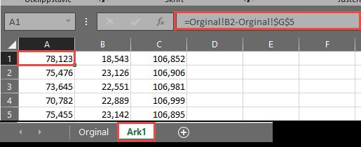 Inne i Excel Inne i Excel sletter jeg kolonner jeg ikke trenger så jeg kun står igjen med kolonnene Nord, Øst og høyde.