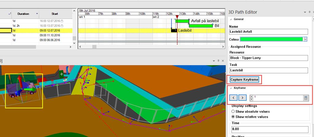 Modifisere 3d pathen For å modifisere og sørge for at objektet flytter seg riktig i forhold til 3D pathen må dette gjøres manuelt ved å BÅDE markere 3d objektet og 3D stien.