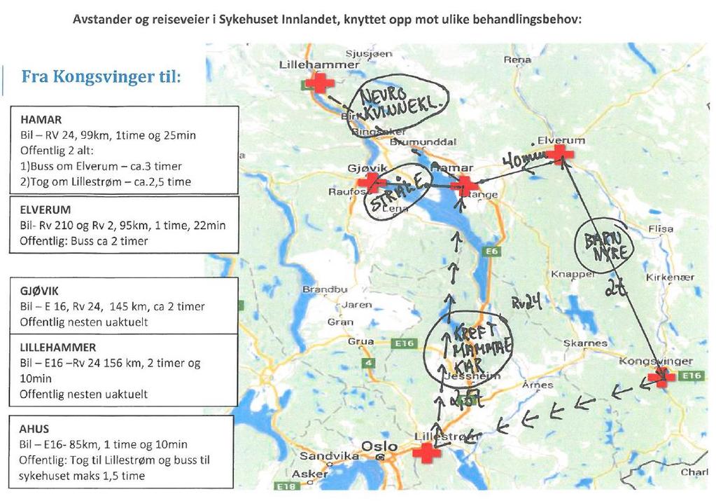 Kilde: Google maps og funksjonsfordeling i Sykehuset Innlandet. Hva gjelder reisevei er Akershus universitetssykehus således til dels betydelig lettere tilgjengelig enn sykehusene i Innlandet.